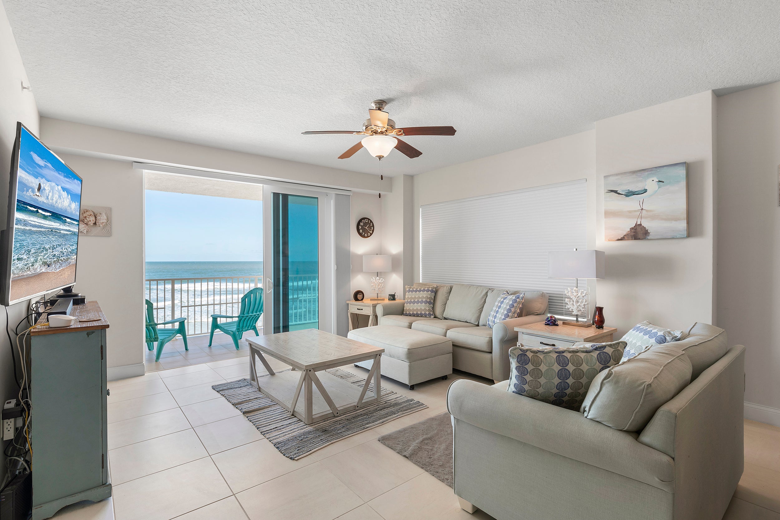 Spacious living room with direct ocean views